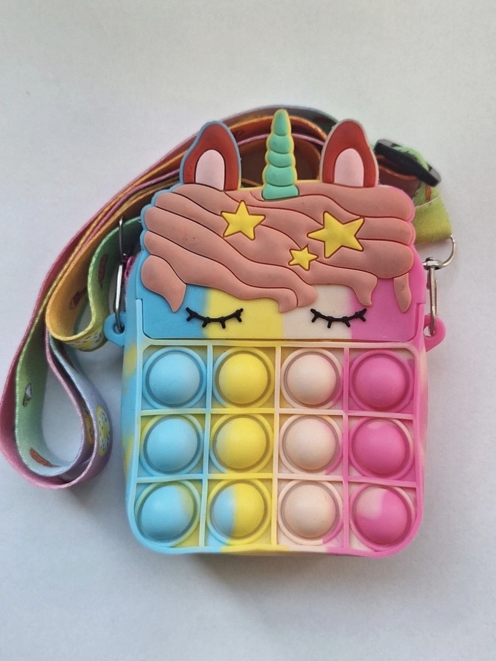 Unbranded Kids Unicorn Pop-It Crossbody Bag - Pastel Rainbow Pink Blue Yellow